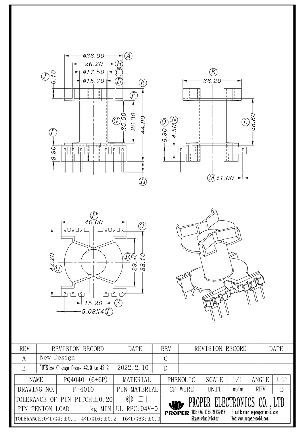 P-4010(PQ4040 6+6P-V) - Transformer Bobbin,Clamp,Coil Frame,Hardware SMD